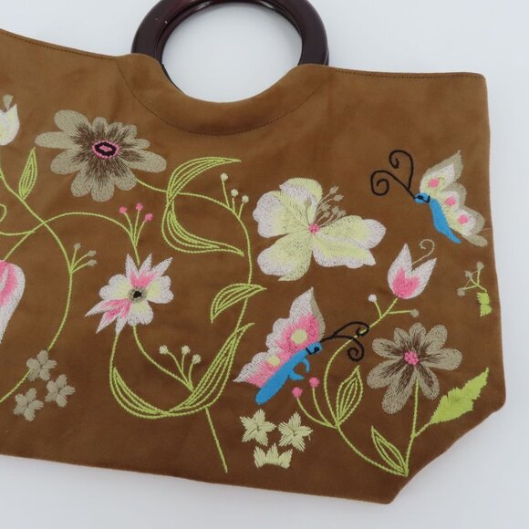Embroidered Flower Flower Butterfly Tan Faux Suede Wood Handle Tote Bag Handbag - Picture 3 of 9